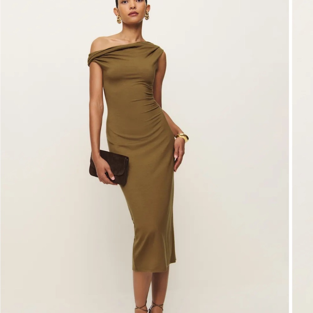 Reformation Olive Off-Shoulder Midi Dress